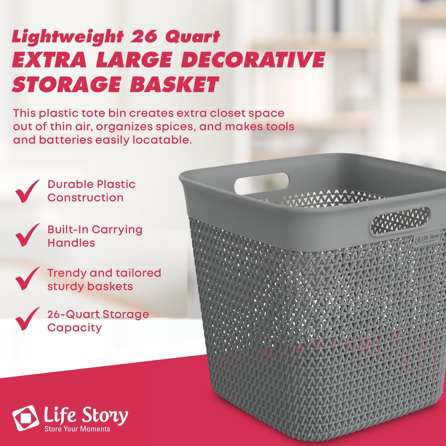 Life Story 26 Qt Decorative Storage Basket, Extra Large Plastic Home Organizer