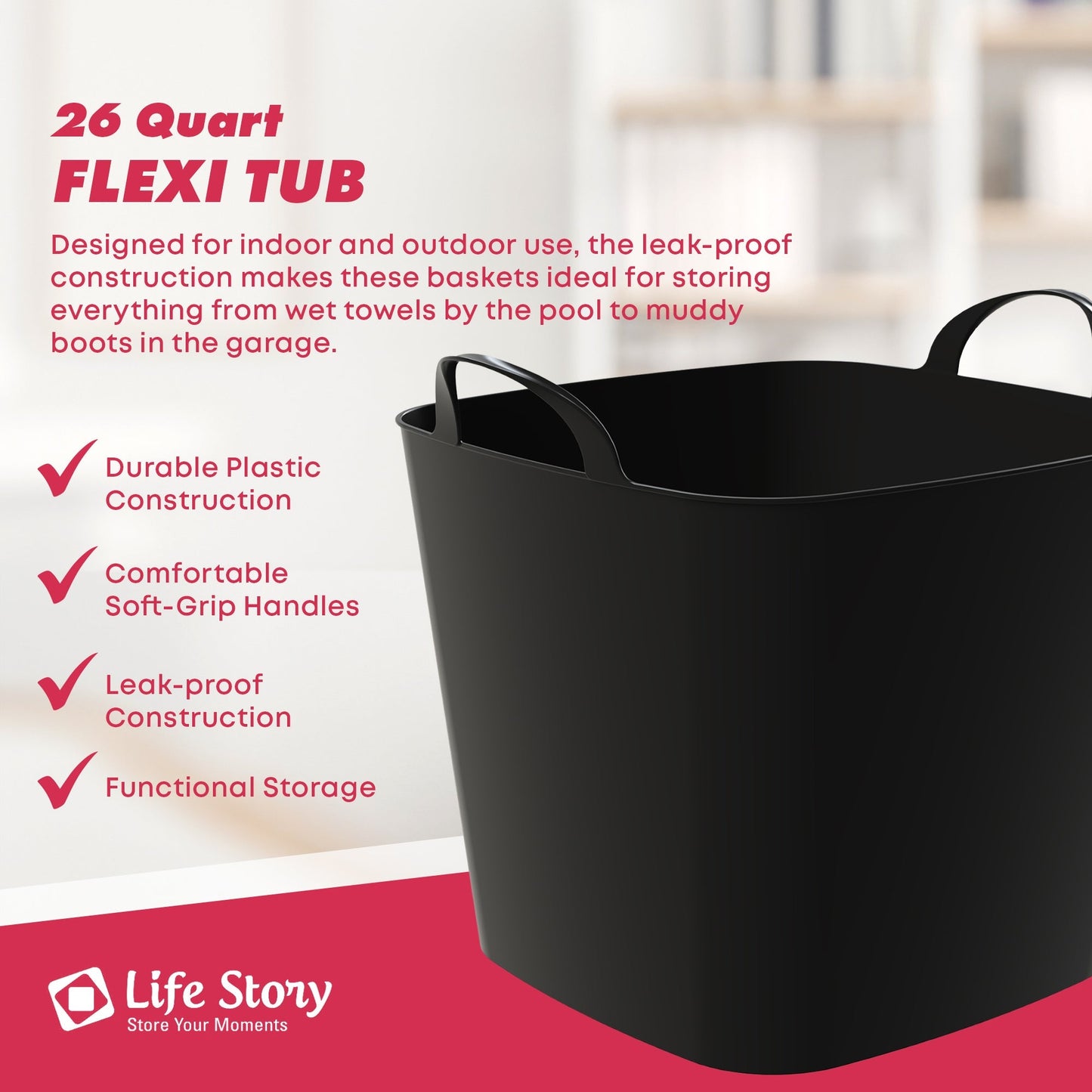 Life Story 26 Quart Flexi Tub, Versatile Storage Tote, Home Organizer, Black