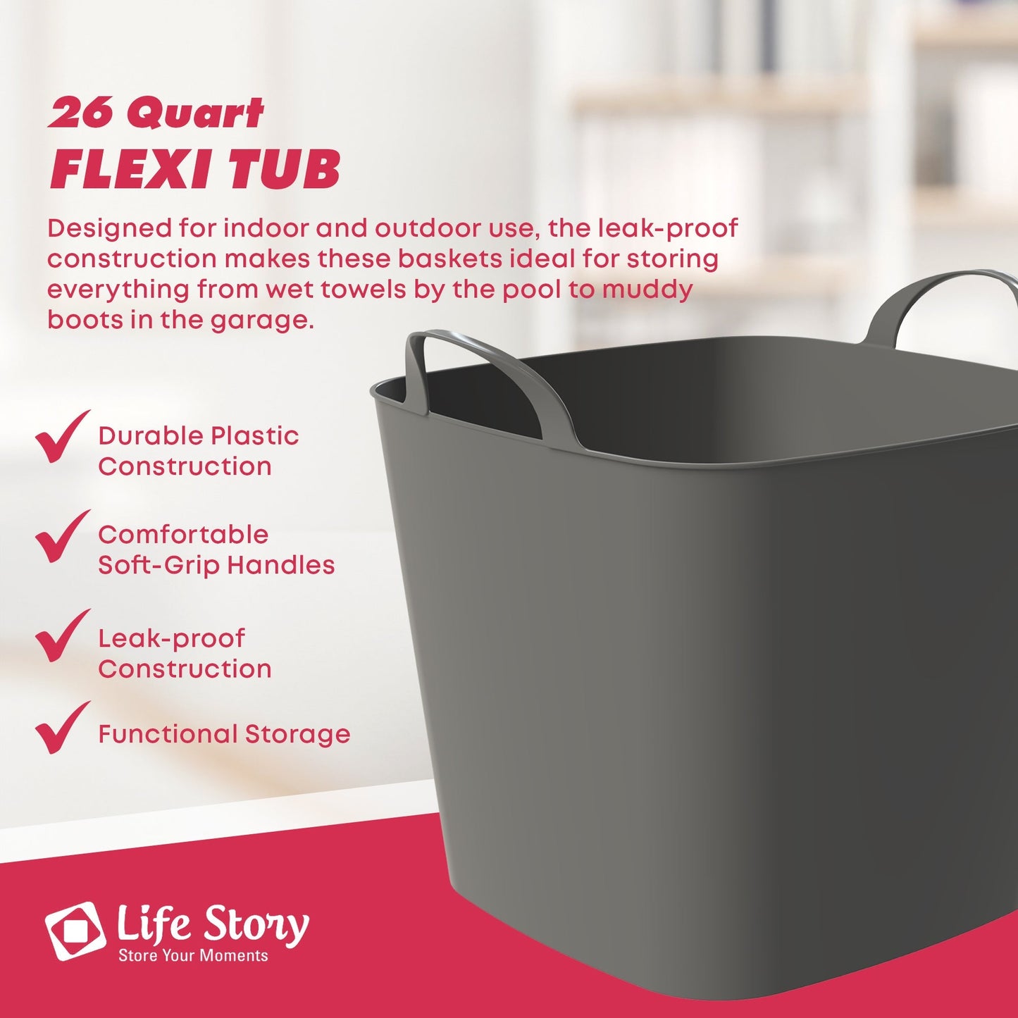Life Story 26 Quart Flexi Tub, Versatile Storage Tote, Home Organizer, Gray