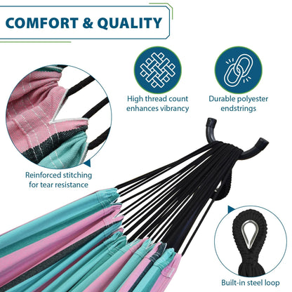 Vivere Double Cotton Hammock, Comfortable Daybed, Steel Stand, 9', Watermelon