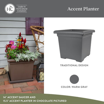 The HC Companies Accent Square Plastic Plant Pot with Drainage, 15.5", Warm Gray