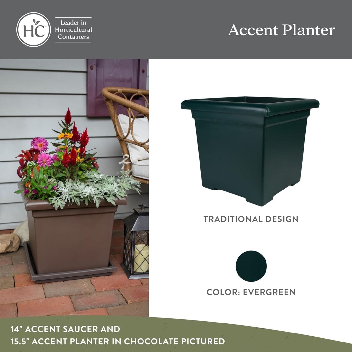 The HC Companies Accent Square Plastic Plant Pot with Drainage, 15.5", Evergreen