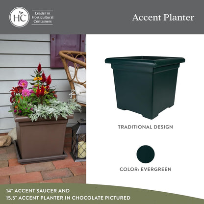 The HC Companies Accent Square Plastic Plant Pot with Drainage, 15.5", Evergreen