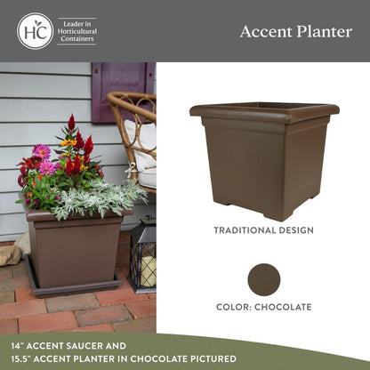 The HC Companies Accent Square Plastic Plant Pot with Drainage, 15.5", Chocolate