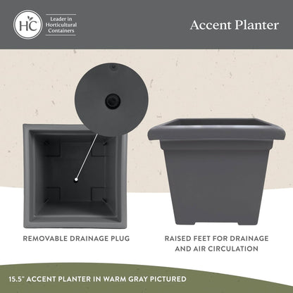 The HC Companies Accent Square Plastic Plant Pot with Drainage, 15.5", Chocolate