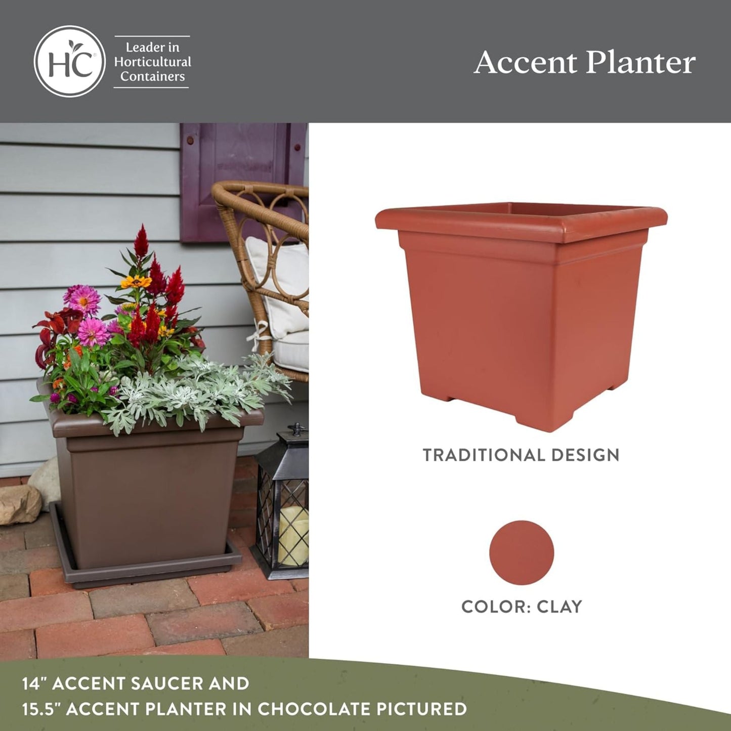 The HC Companies Accent Square Plastic Plant Pot with Drainage, 15.5 Inch, Clay