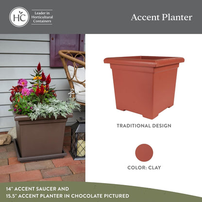 The HC Companies Accent Square Plastic Plant Pot with Drainage, 15.5 Inch, Clay