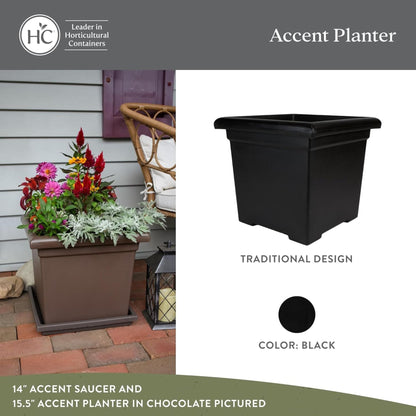 The HC Companies Accent Square Plastic Plant Pot with Drainage, 15.5 Inch, Black