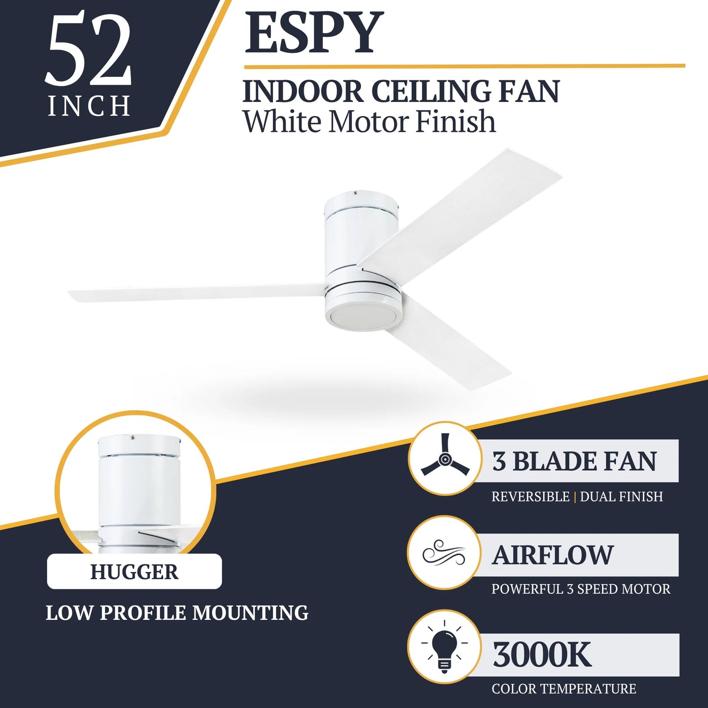 Prominence Home 52" Ceiling Fan, LED Light, Remote, Flush Mount, Espy, White