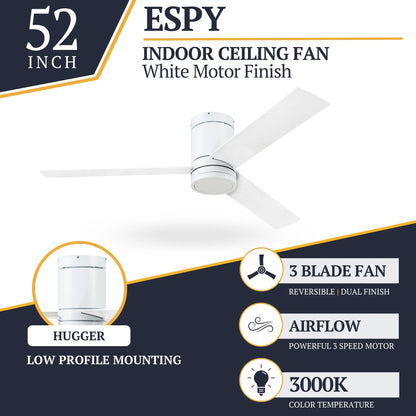 Prominence Home 52" Ceiling Fan, LED Light, Remote, Flush Mount, Espy, White