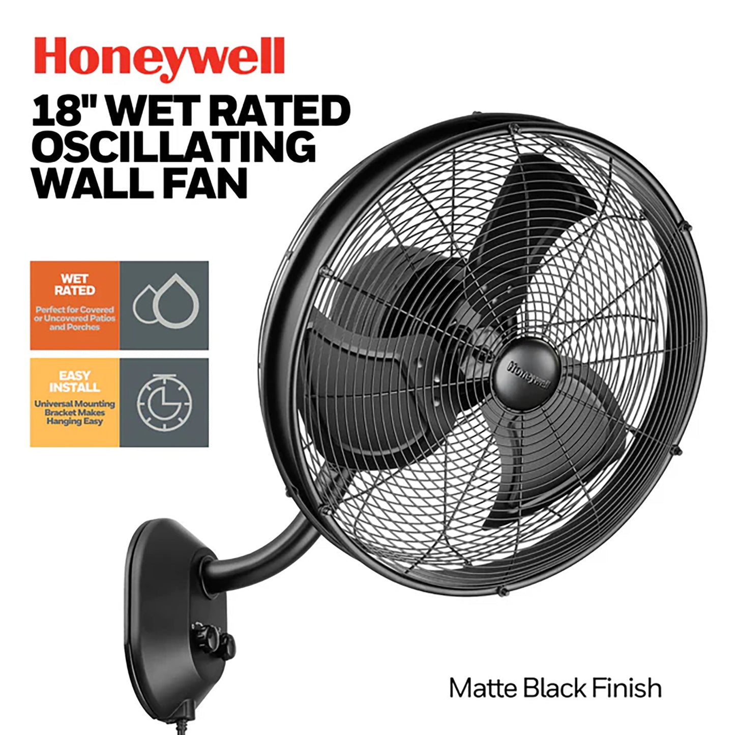Mule 18 Inch Wall Mount Outdoor Oscillating Wet Rated Airflow Fan, Matte Black