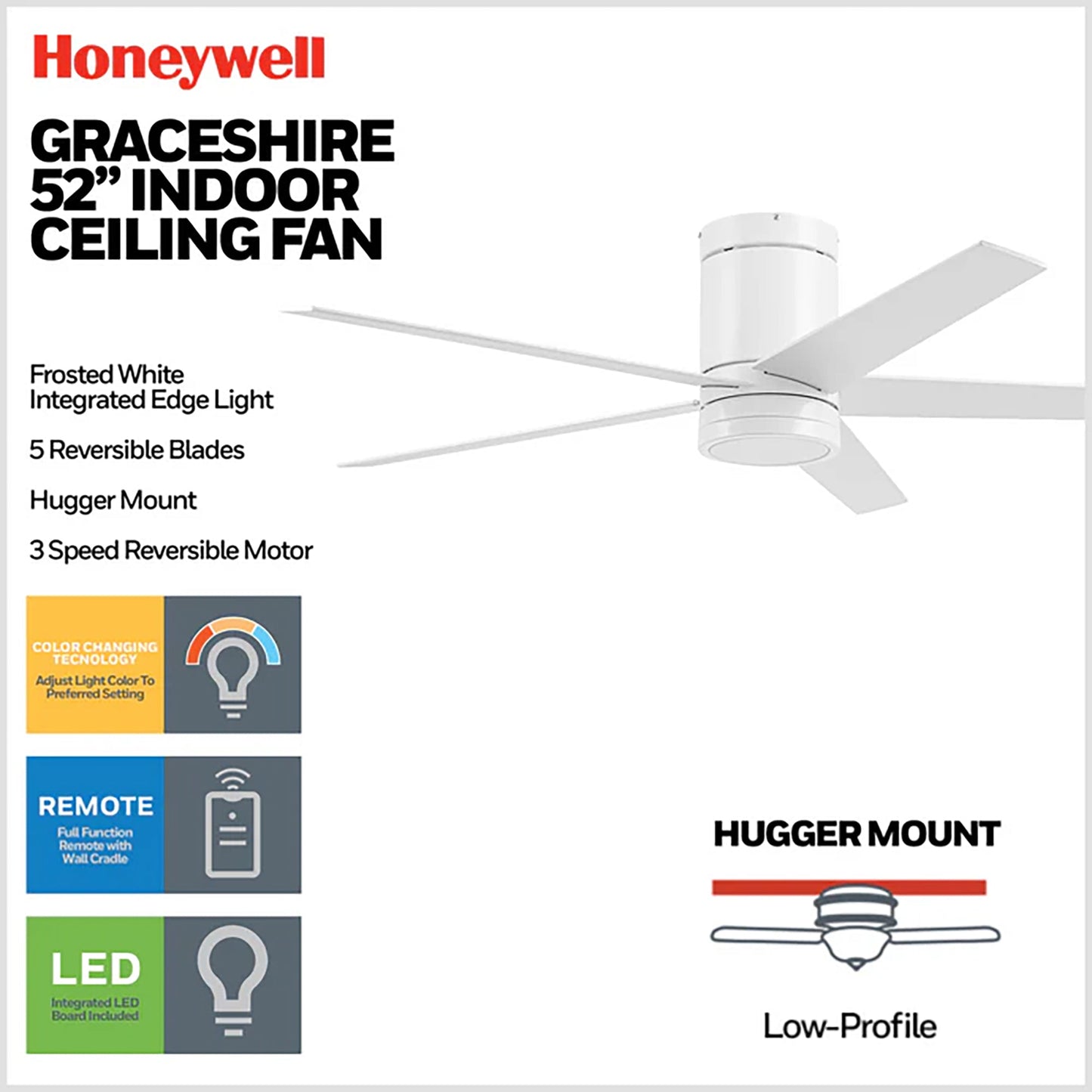 Honeywell 52" Ceiling Fan LED Light Remote Control Indoor Airflow Fixture, White