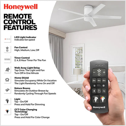 Honeywell 52" Ceiling Fan LED Light Remote Control Indoor Airflow Fixture, White