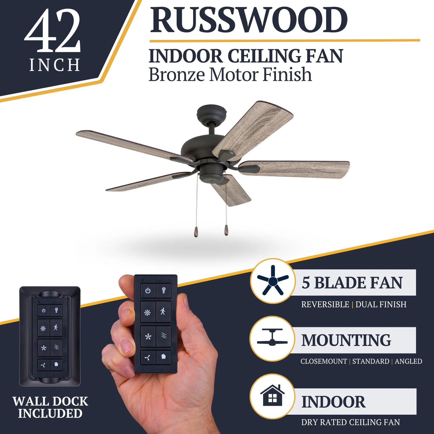 Prominence Home Russwood 42 Inch Farmhouse Ceiling Fan with No Light, Bronze