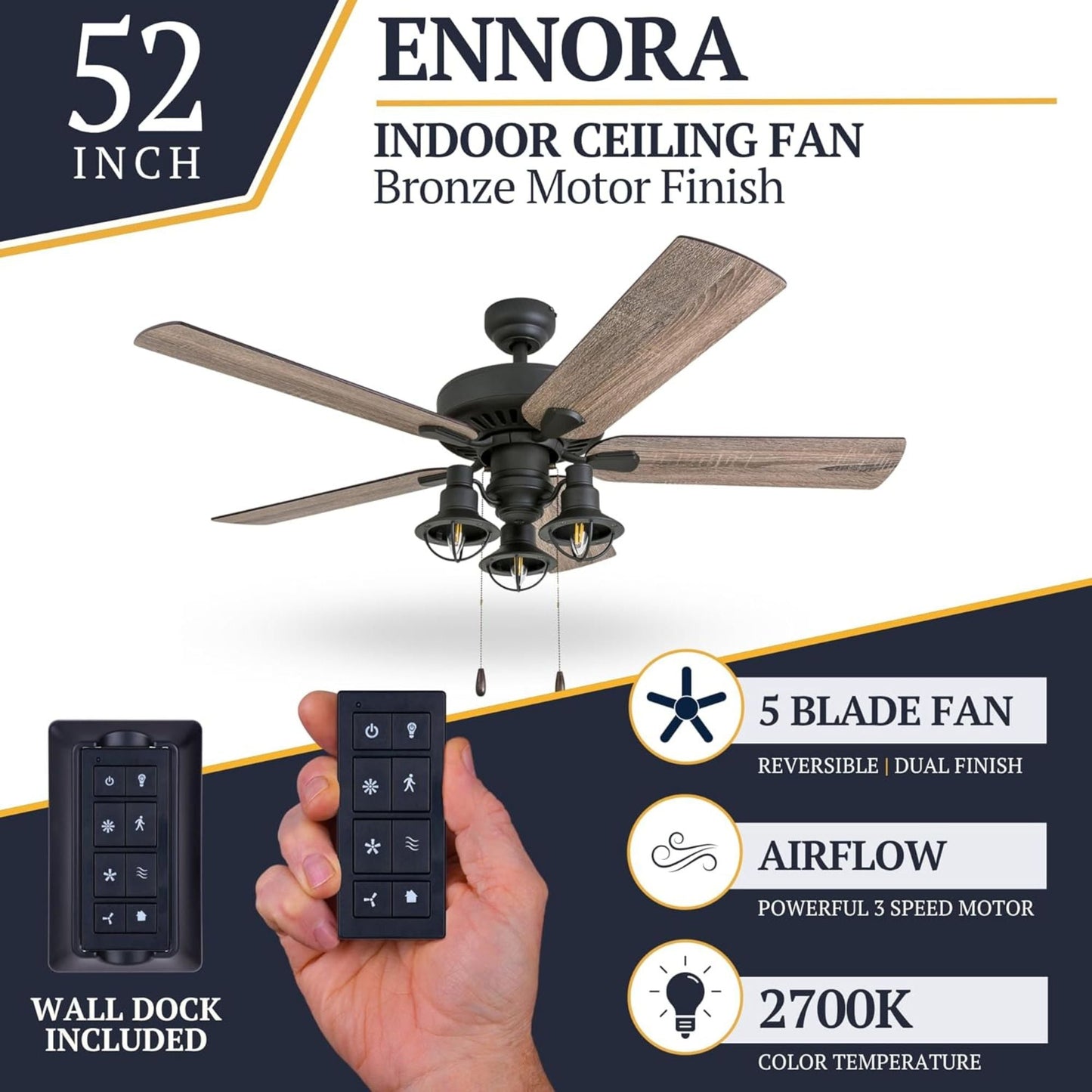 Prominence Home 52 Inch Ennora LED Ceiling Fan with Light and 5 Blades, Bronze