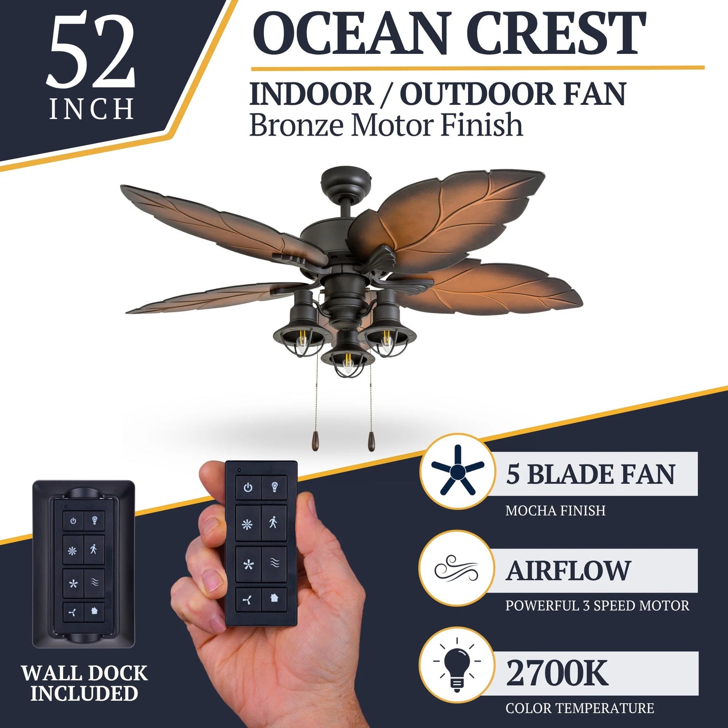 Prominence Home Ocean Crest 52" Tropical Indoor or Outdoor ceiling Fan, Bronze
