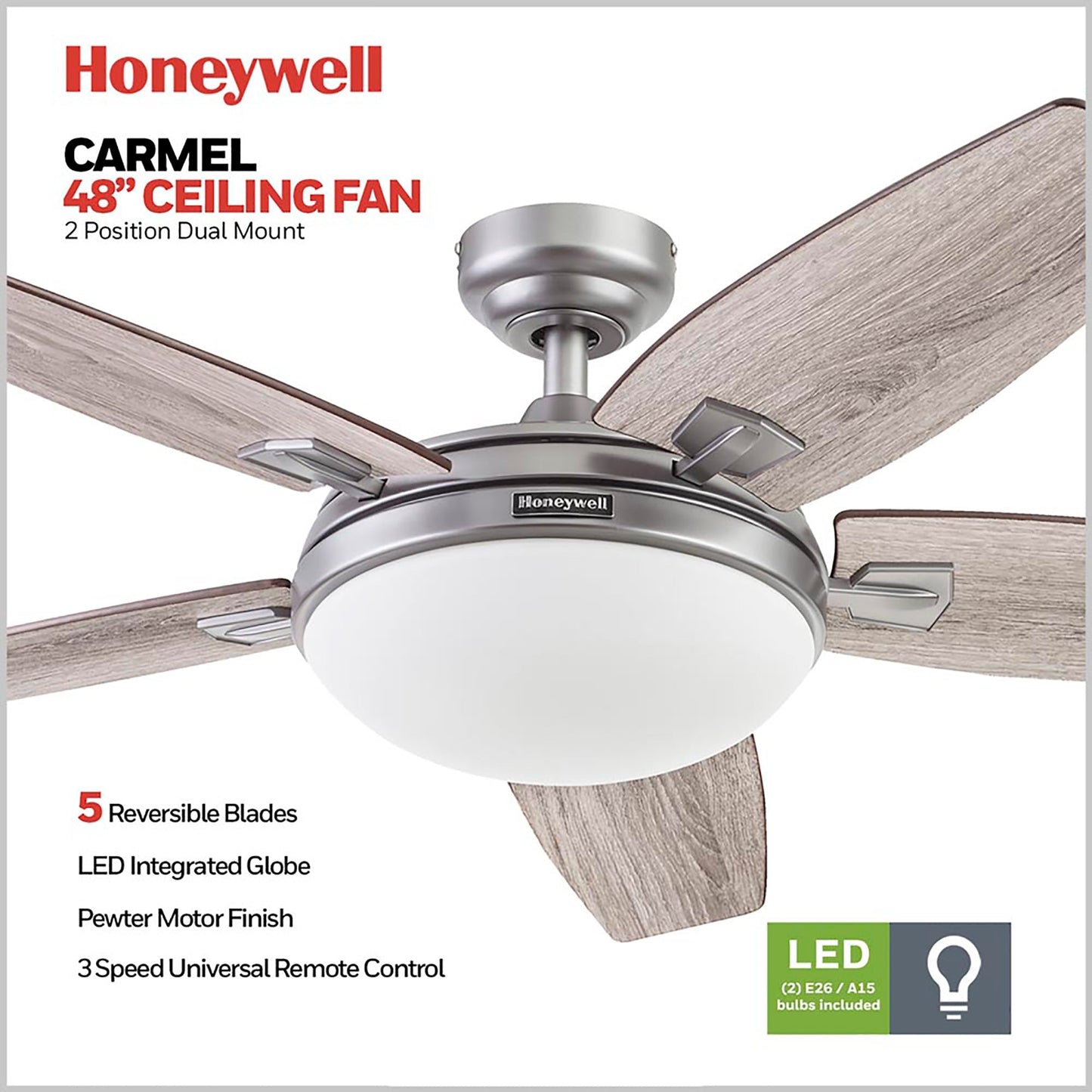 Honeywell Carmel Ceiling Fan, Quiet Motor and Remote Control, 48", Matte Nickel