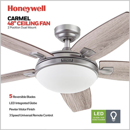 Honeywell Carmel Ceiling Fan, Quiet Motor and Remote Control, 48", Matte Nickel