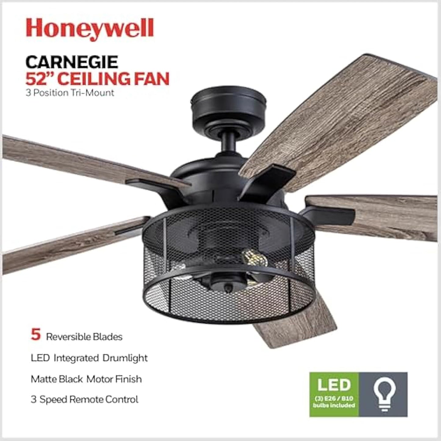Honeywell Carnegie Ceiling Fan, Quiet Motor and Remote Control, 52", Matte Black