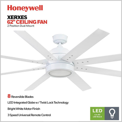 Honeywell Xerxes Ceiling Fan, Quiet Motor and Remote Control, 62", Bright White