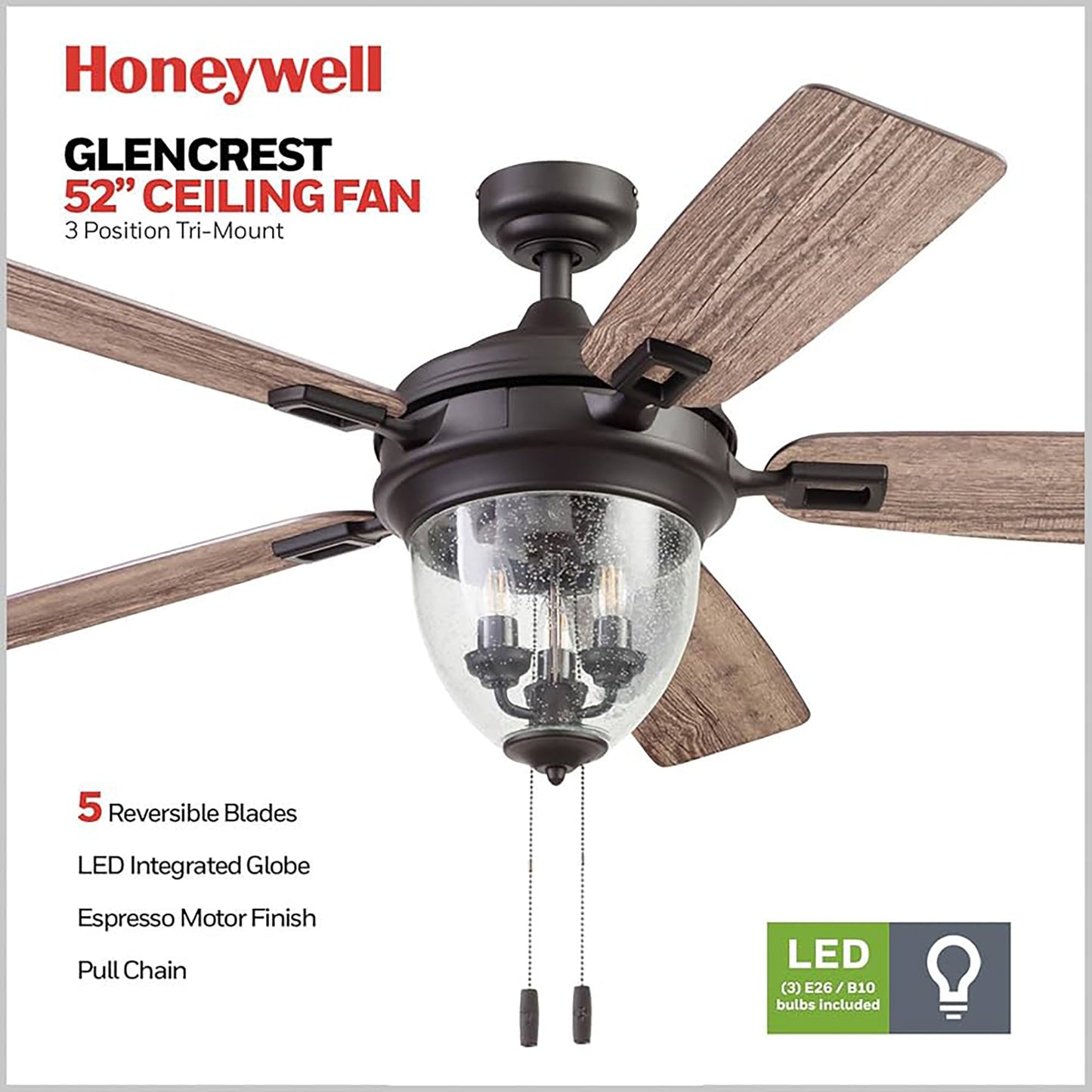 Honeywell Glencrest Ceiling Fan, Quite Motor and Pull Chain Control, 52", Bronze