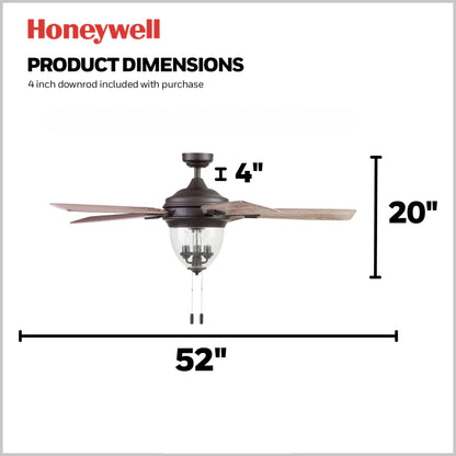 Honeywell Glencrest Ceiling Fan, Quite Motor and Pull Chain Control, 52", Bronze
