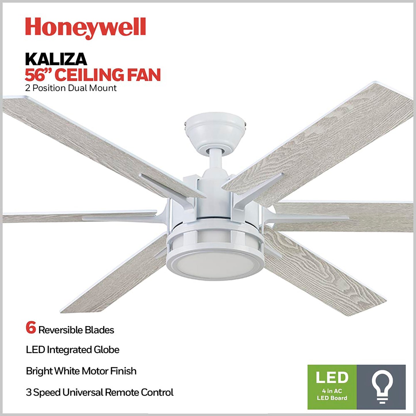 Honeywell Kaliza Ceiling Fan, Quiet Motor and Remote Control, 56", Bright White