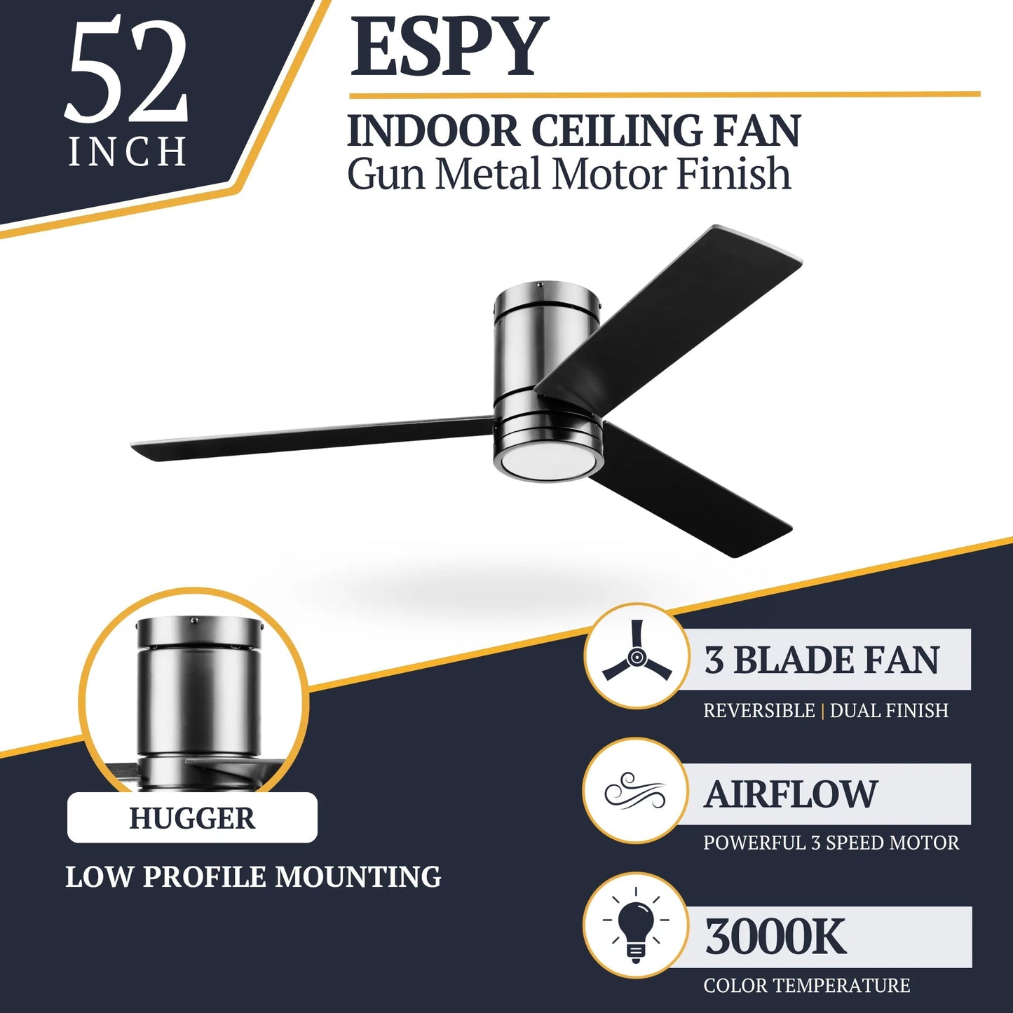 Prominence Home 52" Ceiling Fan, LED Light, Remote, Flush Mount, Espy, Gun Metal