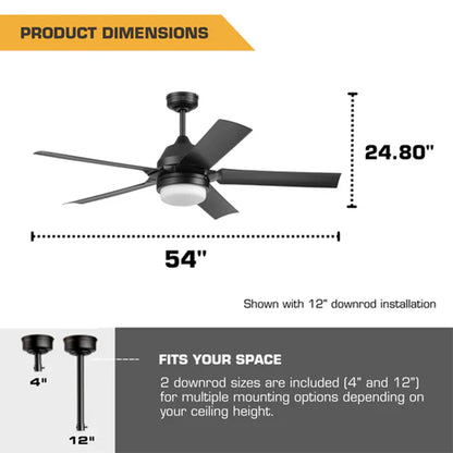 Mule 54 Inch Outdoor Ceiling Fan with Light, Remote Control and 5 Blades, Black