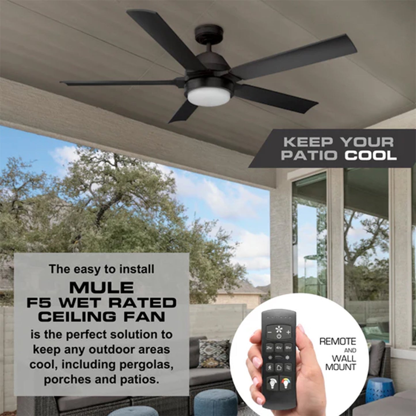Mule 54 Inch Outdoor Ceiling Fan with Light, Remote Control and 5 Blades, Black