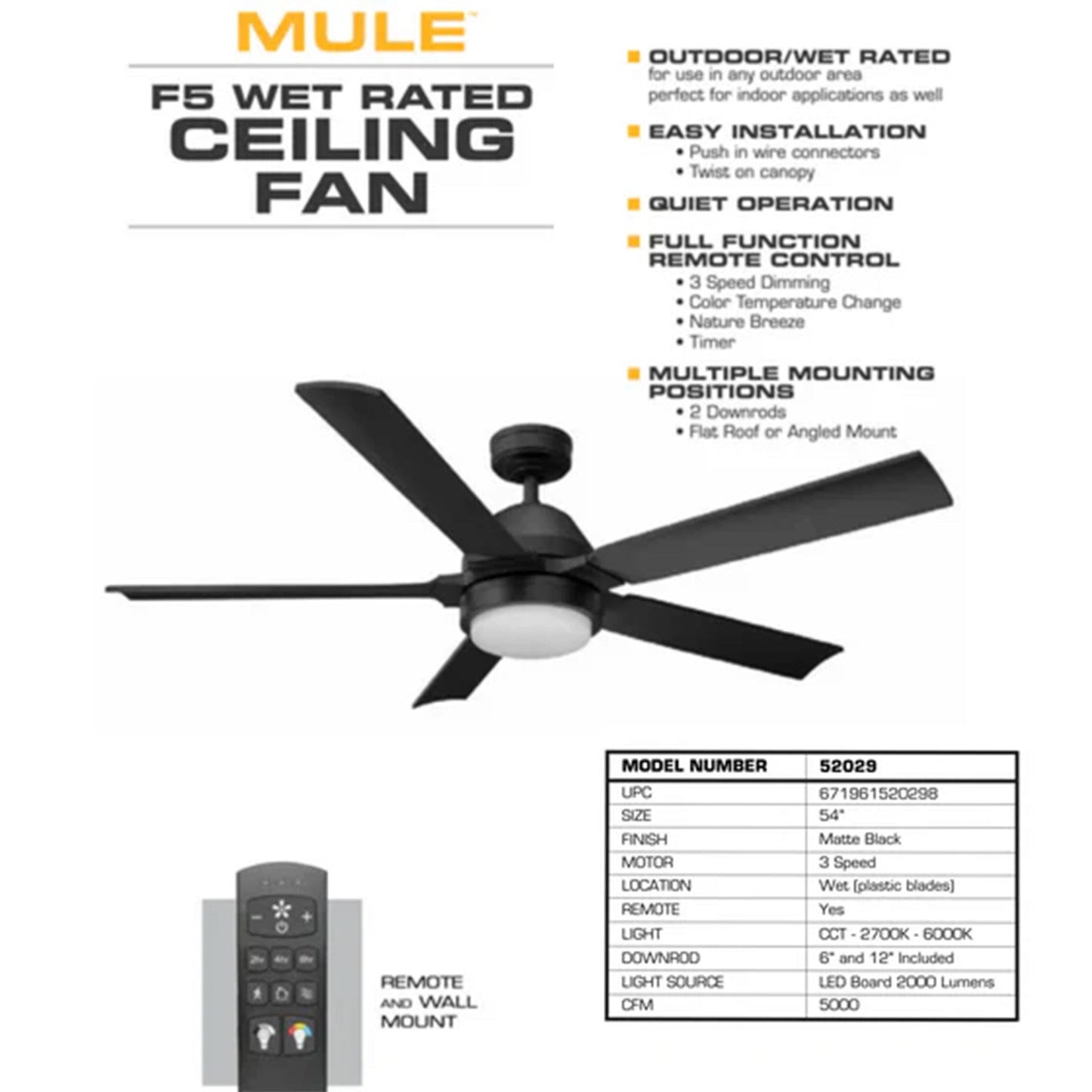 Mule 54 Inch Outdoor Ceiling Fan with Light, Remote Control and 5 Blades, Black