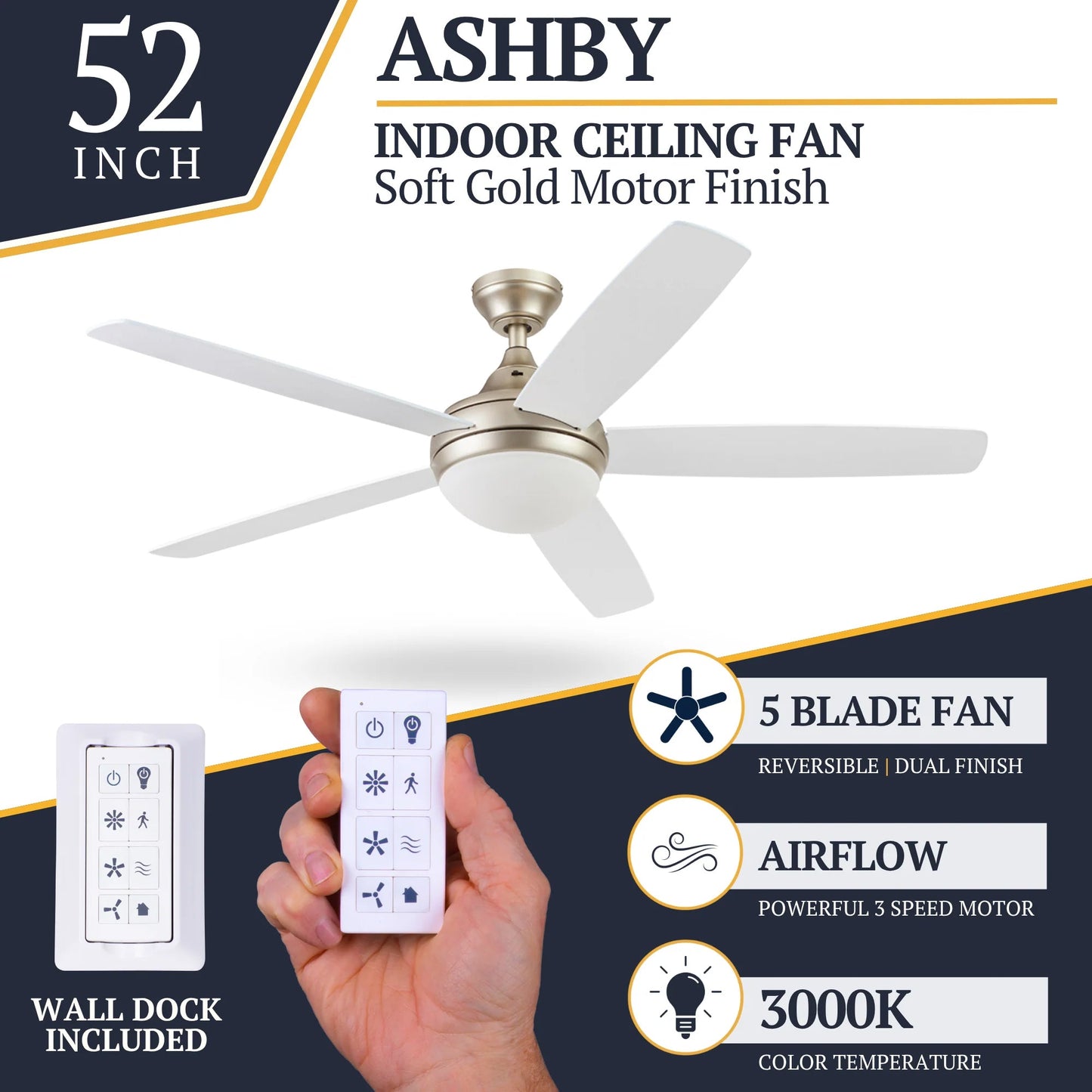 Prominence Home 52" Modern Ceiling Fan, Light, Remote Control Indoor, Soft Gold