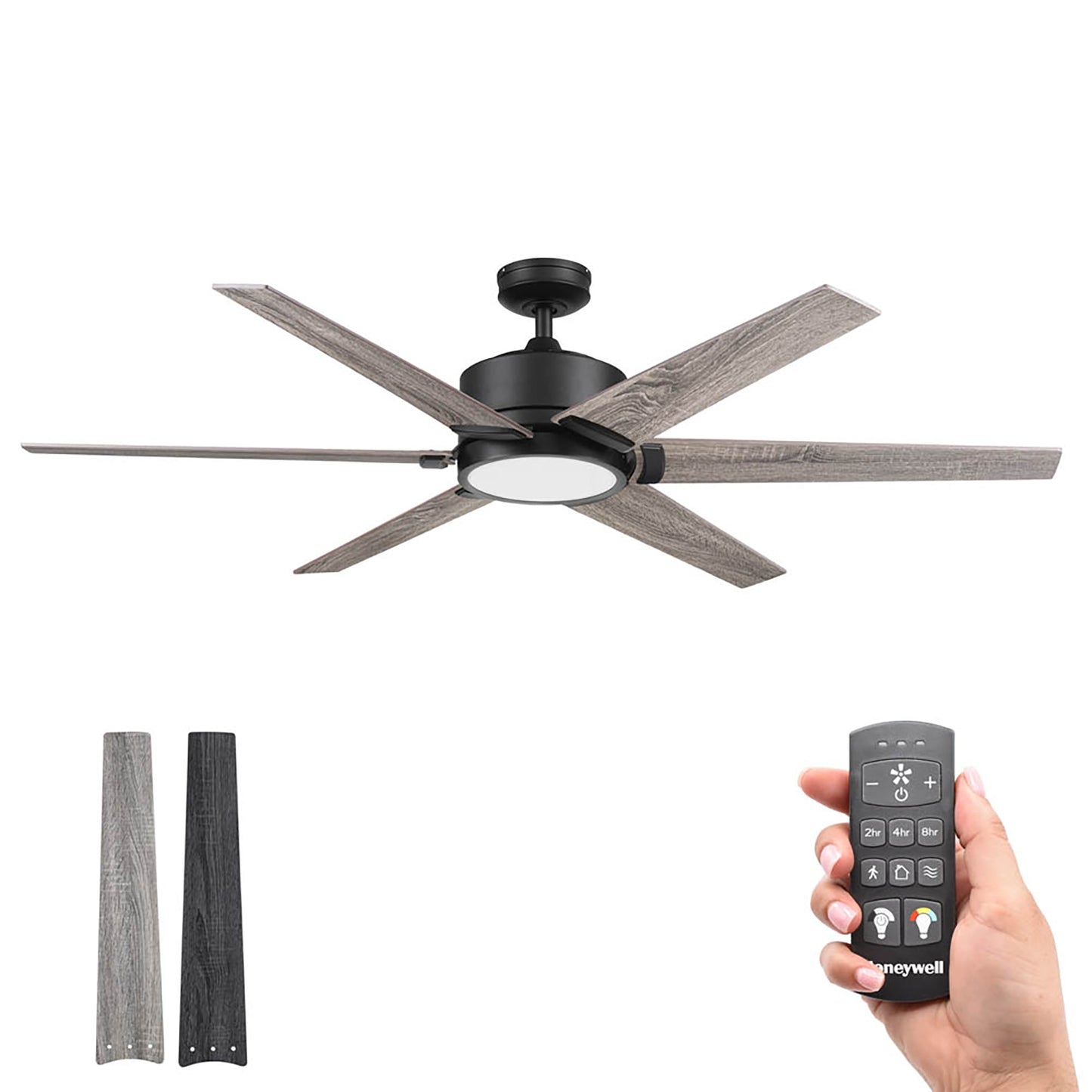 Honeywell Talbert Ceiling Fan, Color Changing LED and Remote, 62", Matte Black