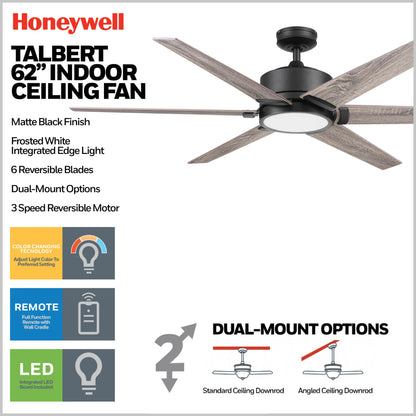 Honeywell Talbert Ceiling Fan, Color Changing LED and Remote, 62", Matte Black
