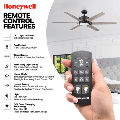 Honeywell Talbert Ceiling Fan, Color Changing LED and Remote, 62", Matte Black