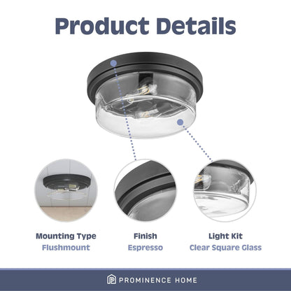 Prominence Home Madalyn 13" Flush Mount Ceiling Light, Clear Drum Glass, Bronze