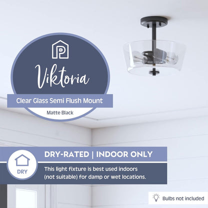 Prominence Home 2 Light Ceiling Fixture Clear Glass Lighting 13" Viktoria, Black