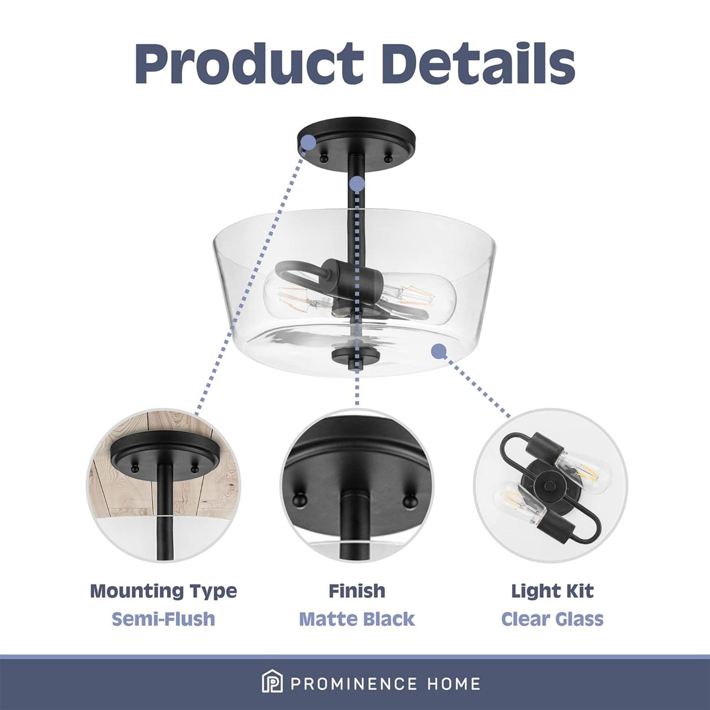 Prominence Home 2 Light Ceiling Fixture Clear Glass Lighting 13" Viktoria, Black