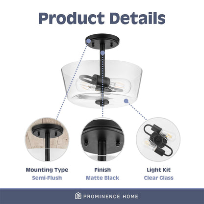 Prominence Home 2 Light Ceiling Fixture Clear Glass Lighting 13" Viktoria, Black