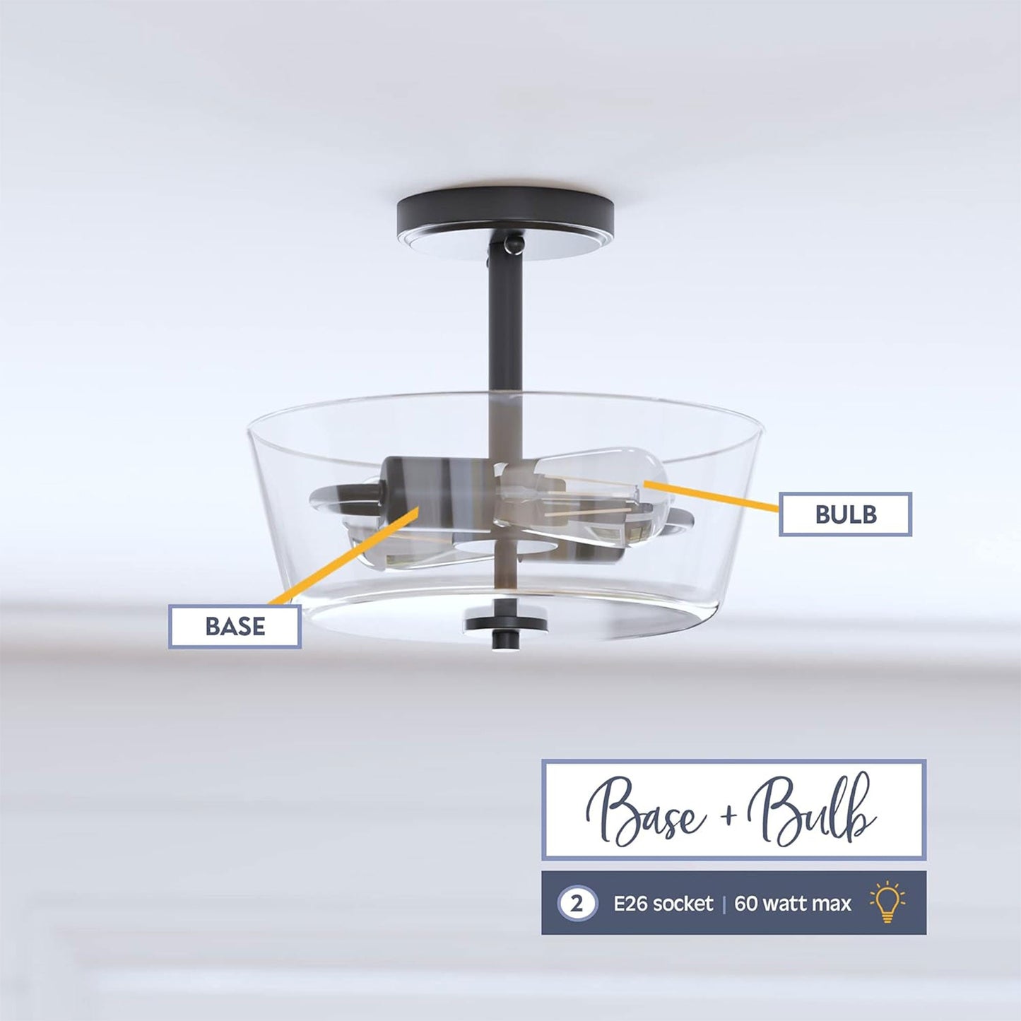 Prominence Home 2 Light Ceiling Fixture Clear Glass Lighting 13" Viktoria, Black