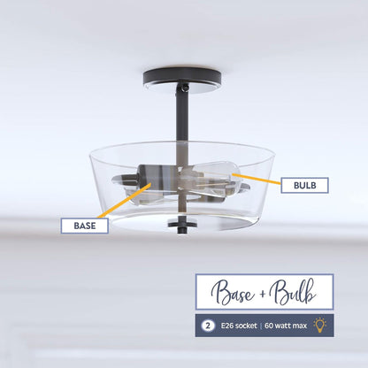 Prominence Home 2 Light Ceiling Fixture Clear Glass Lighting 13" Viktoria, Black