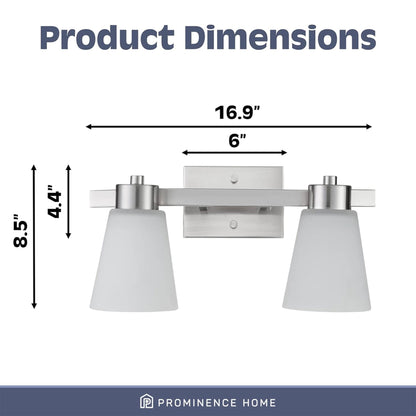 Prominence Home 2 Light Modern Bathroom Vanity Light, Frosted Glass, Nickel