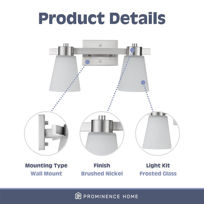 Prominence Home 2 Light Modern Bathroom Vanity Light, Frosted Glass, Nickel