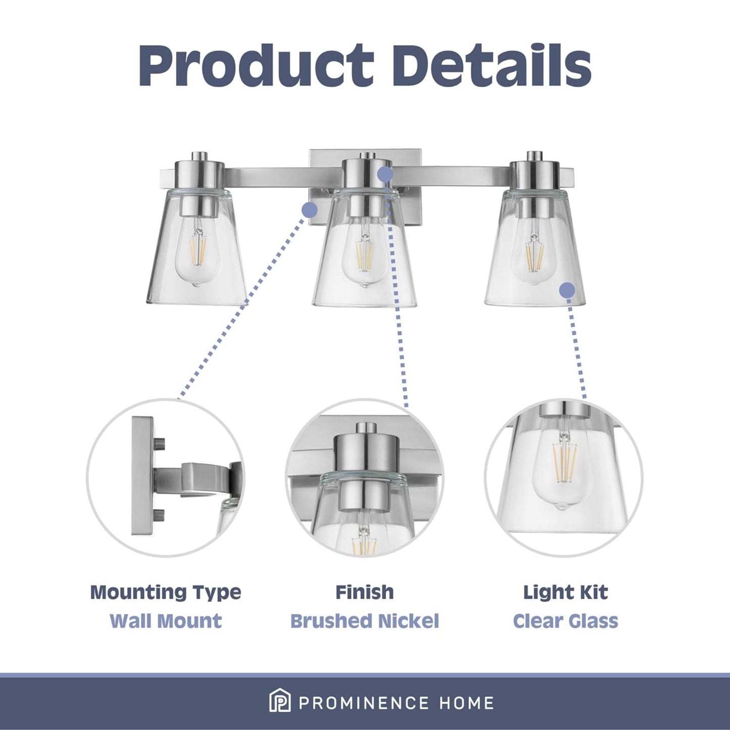 Prominence Home Fairendale 3 Light Bathroom Wall Vanity Light, Brushed Nickel