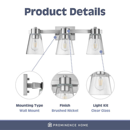 Prominence Home Fairendale 3 Light Bathroom Wall Vanity Light, Brushed Nickel