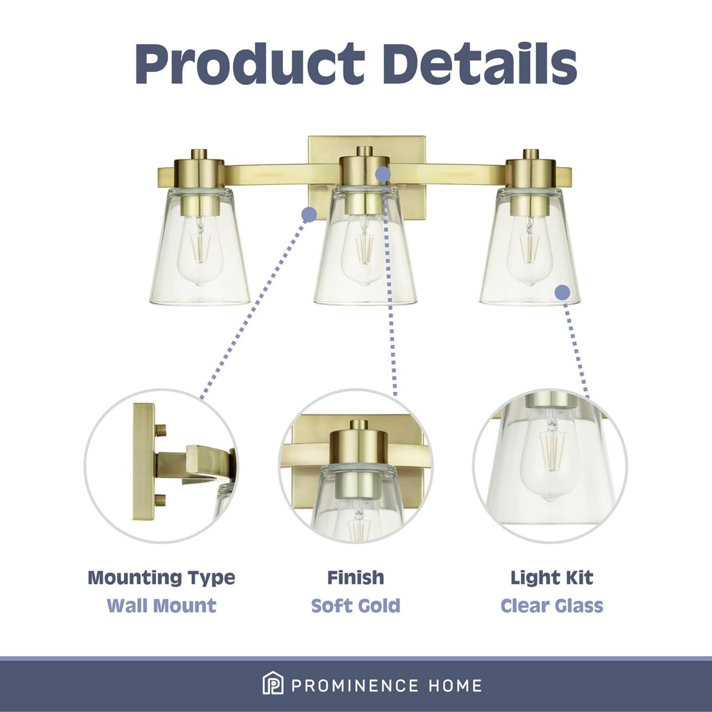 Prominence Home Fairendale 3 Light Bathroom Wall Vanity Light, Soft Gold