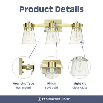 Prominence Home Fairendale 3 Light Bathroom Wall Vanity Light, Soft Gold
