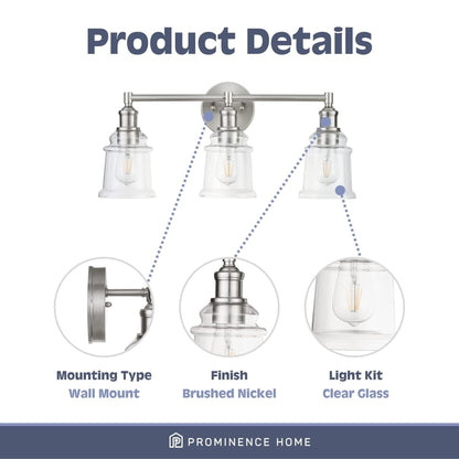 Prominence Home Eaton Ridge 3 Light Industrial Bathroom Vanity, Brushed Nickel