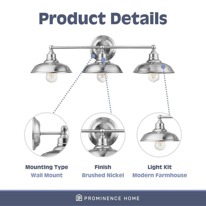 Prominence Home Lyndan 3 Light Industrial Bathroom Vanity Light, Brushed Nickel