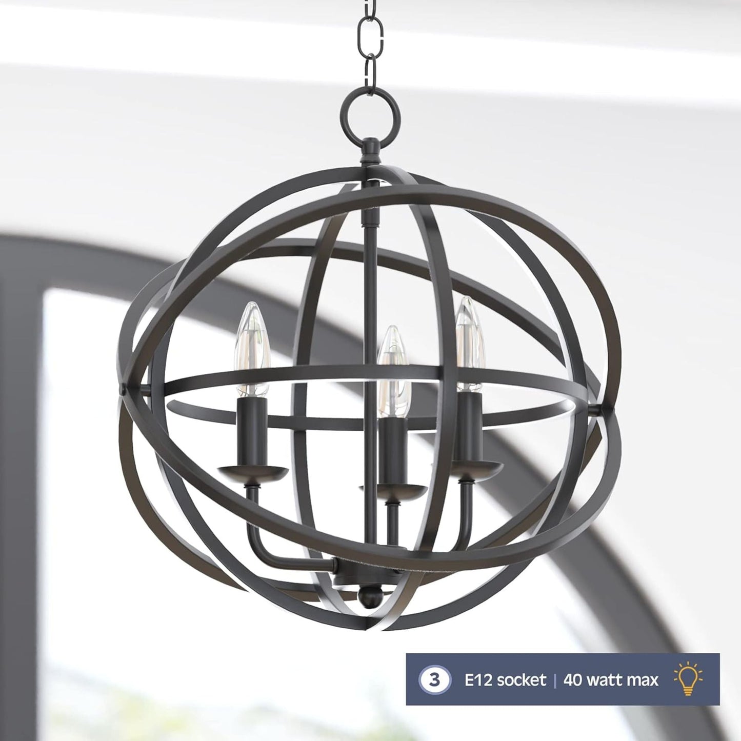 Prominence Home 3 Light Chandelier Pendant Lighting Fixture, Birchberry, Black